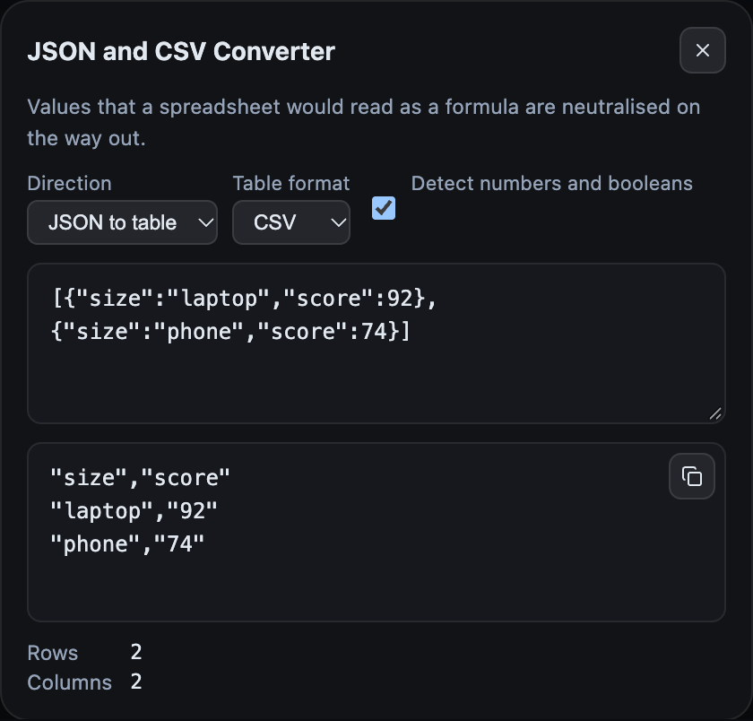 The JSON and CSV Converter turning a two-row JSON array into quoted CSV.